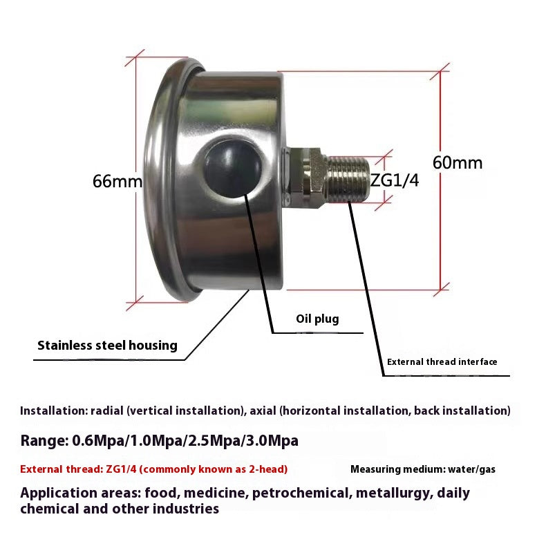 Aqua Zoom stainless steel water treatment pressure gauge with corrosion-resistant core, used for oil injection and shock resistance.
