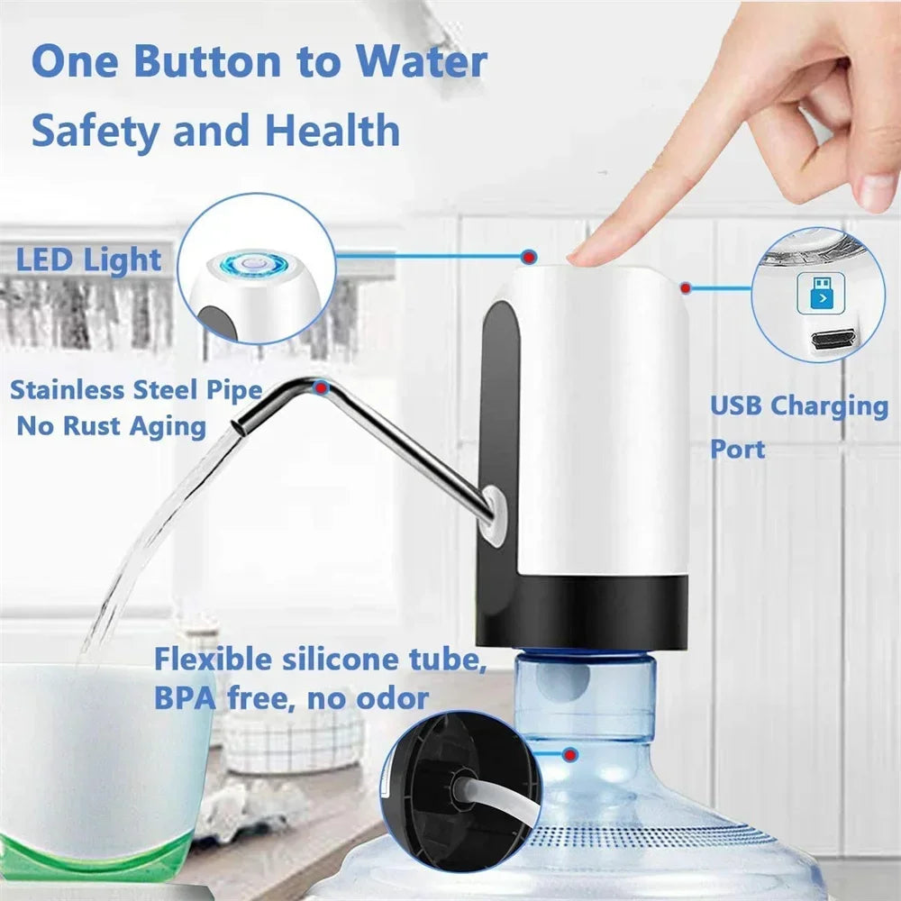 AQUA ZOOM electric USB water bottle pump dispensing water from a 19L bottle with a portable, rechargeable automatic water dispenser.