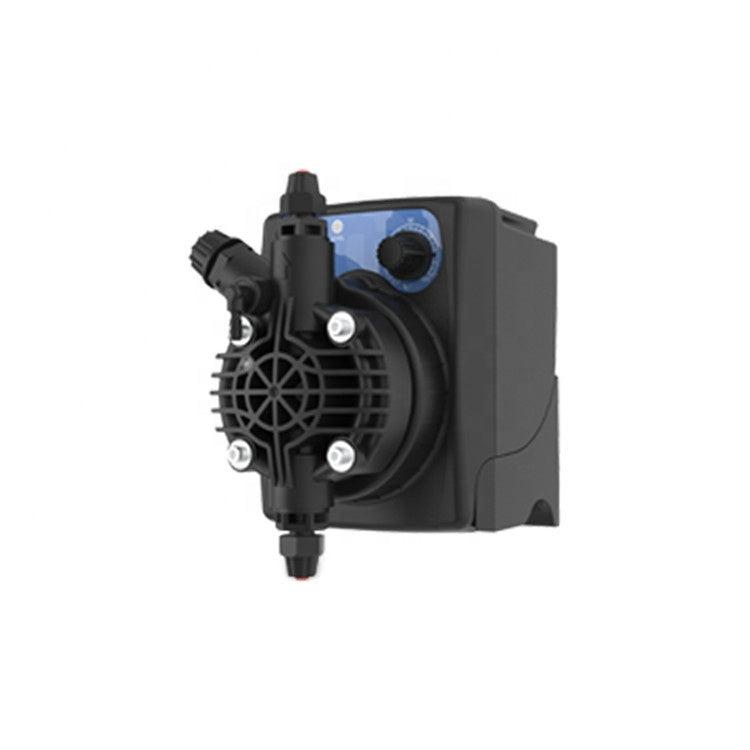 Aqua Zoom Etatron automatic chemical dosing pump for water treatment with diaphragm, mounted on a tank, featuring motor core.