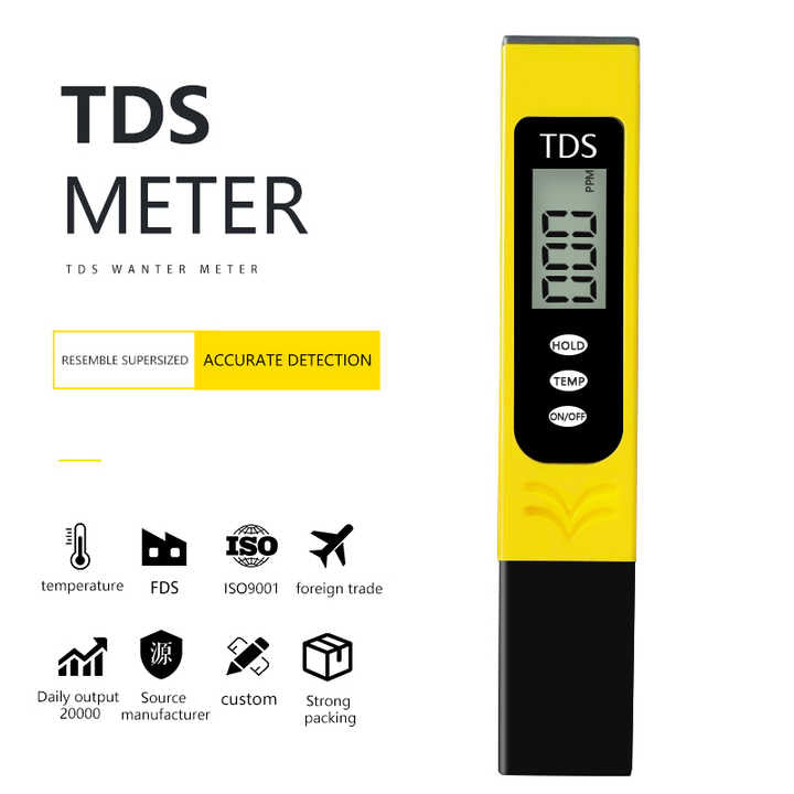 Aqua Zoom digital water testing meter measuring total dissolved solids in water, showing a digital display with test readings.
