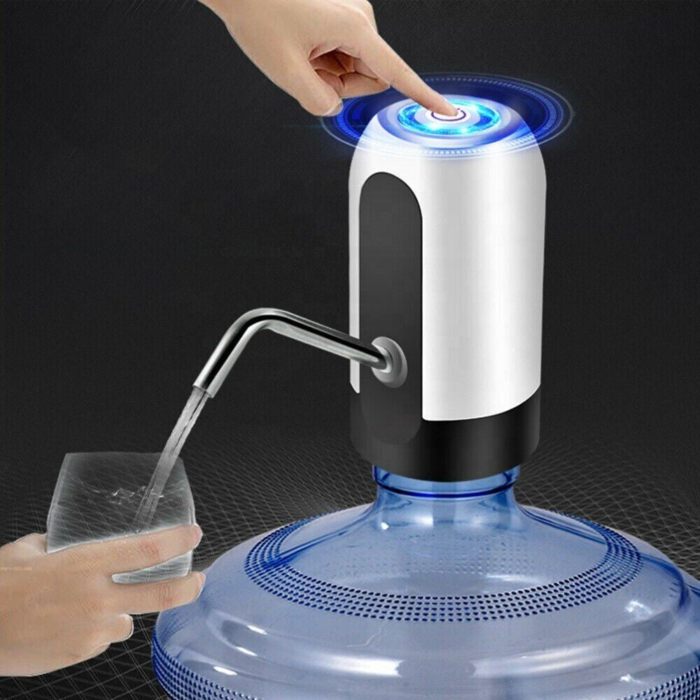 AQUA ZOOM automatic rechargeable electric water dispenser pump attached to a water bottle for easy one-touch water dispensing.