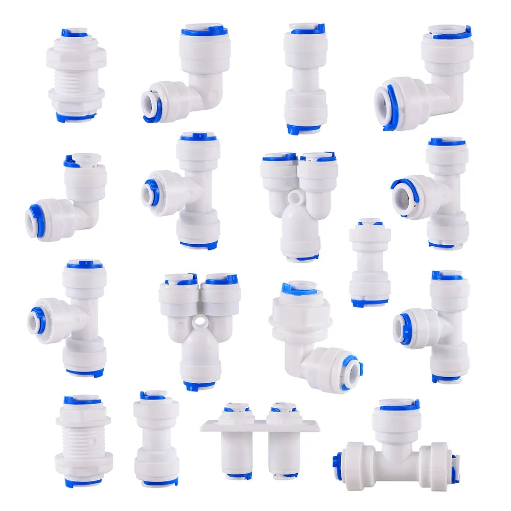 Aqua Zoom 1/4 inch tee union quick connect fitting for reverse osmosis water filter systems, showcasing the three-way tube connection