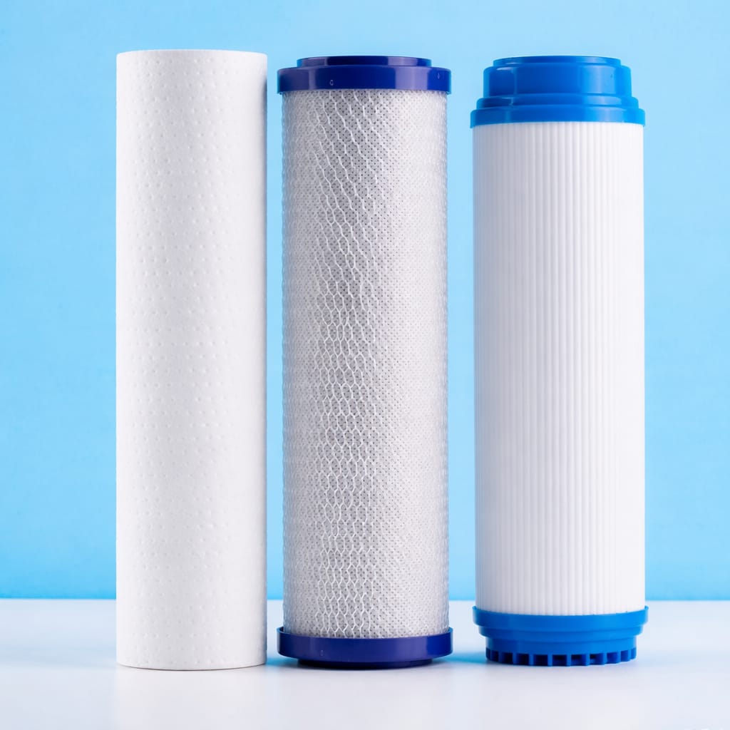 Aqua Zoom 10-inch RO water filter cartridges set with PPF, GAC, and CTO filters for reverse osmosis water purification system.