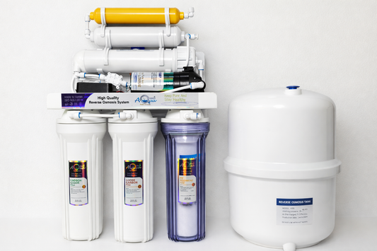 Aqua Zoom 6-stage reverse osmosis water filter system for home use, NSF certified, with multiple filtration cartridges and fittings.