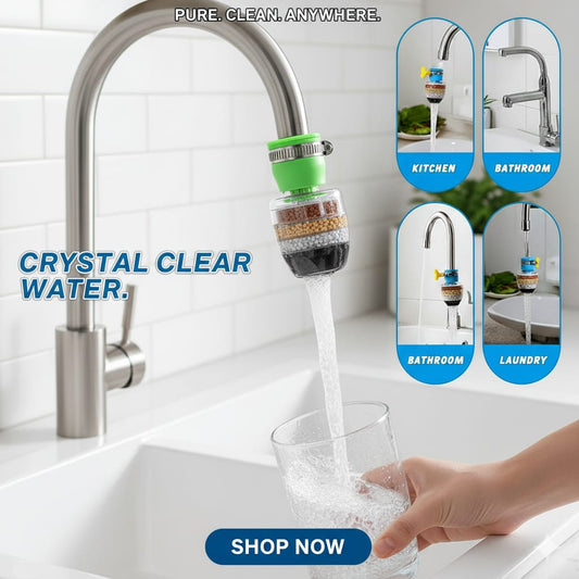 Aqua Zoom 6-layer water purifier filter faucet attached to a kitchen tap, designed to filter and purify tap water.