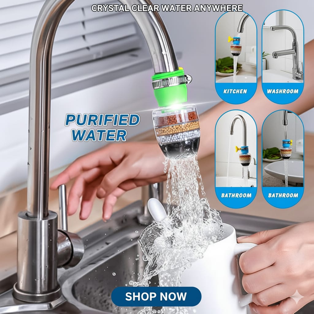 Aqua Zoom 6-layer water purifier filter faucet attached to a kitchen tap, demonstrating tap water cleaning and filtration.