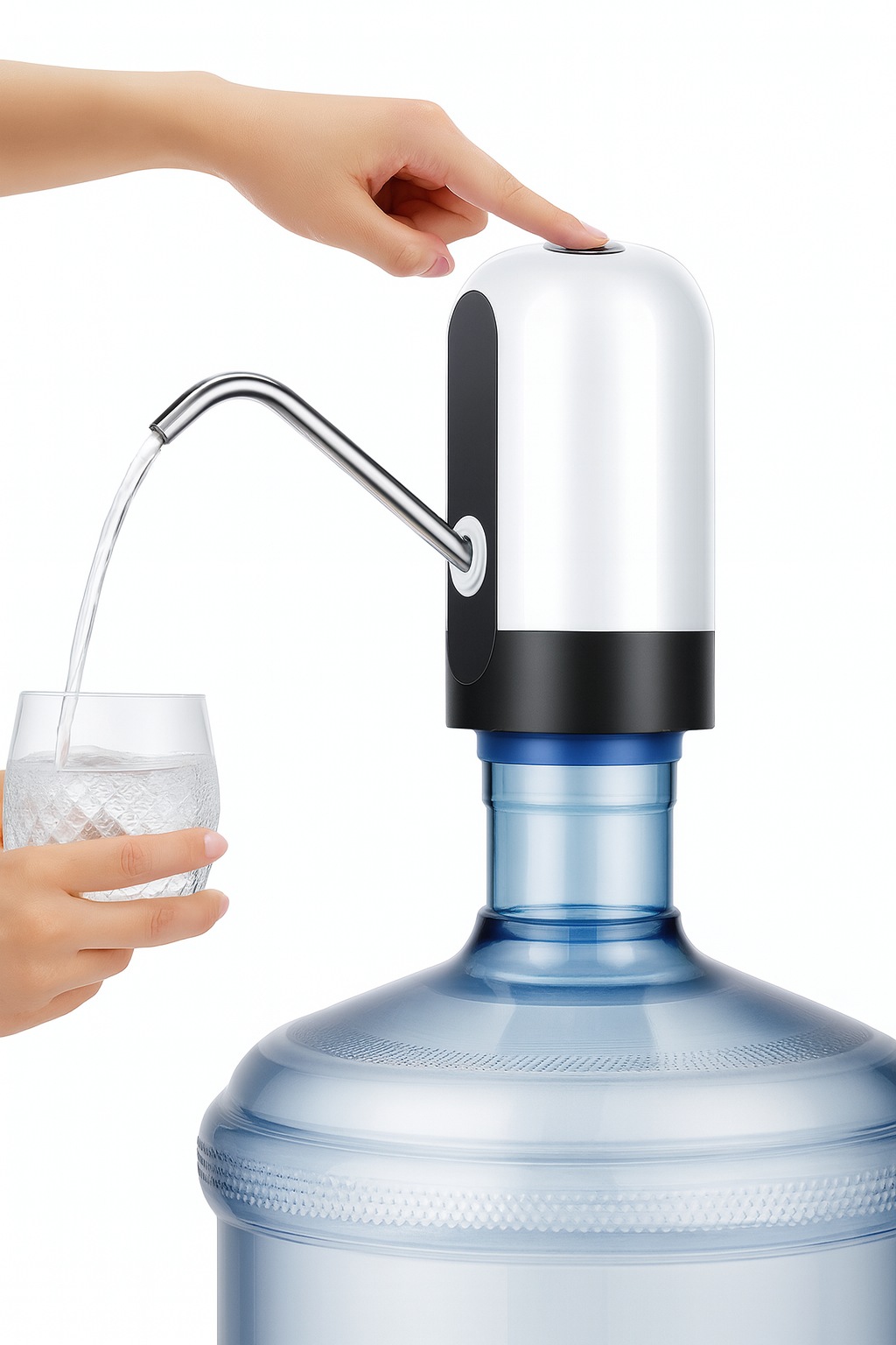 Aqua Zoom automatic rechargeable electric water dispenser pump attached to a water bottle, portable one-touch electric water pump in use.