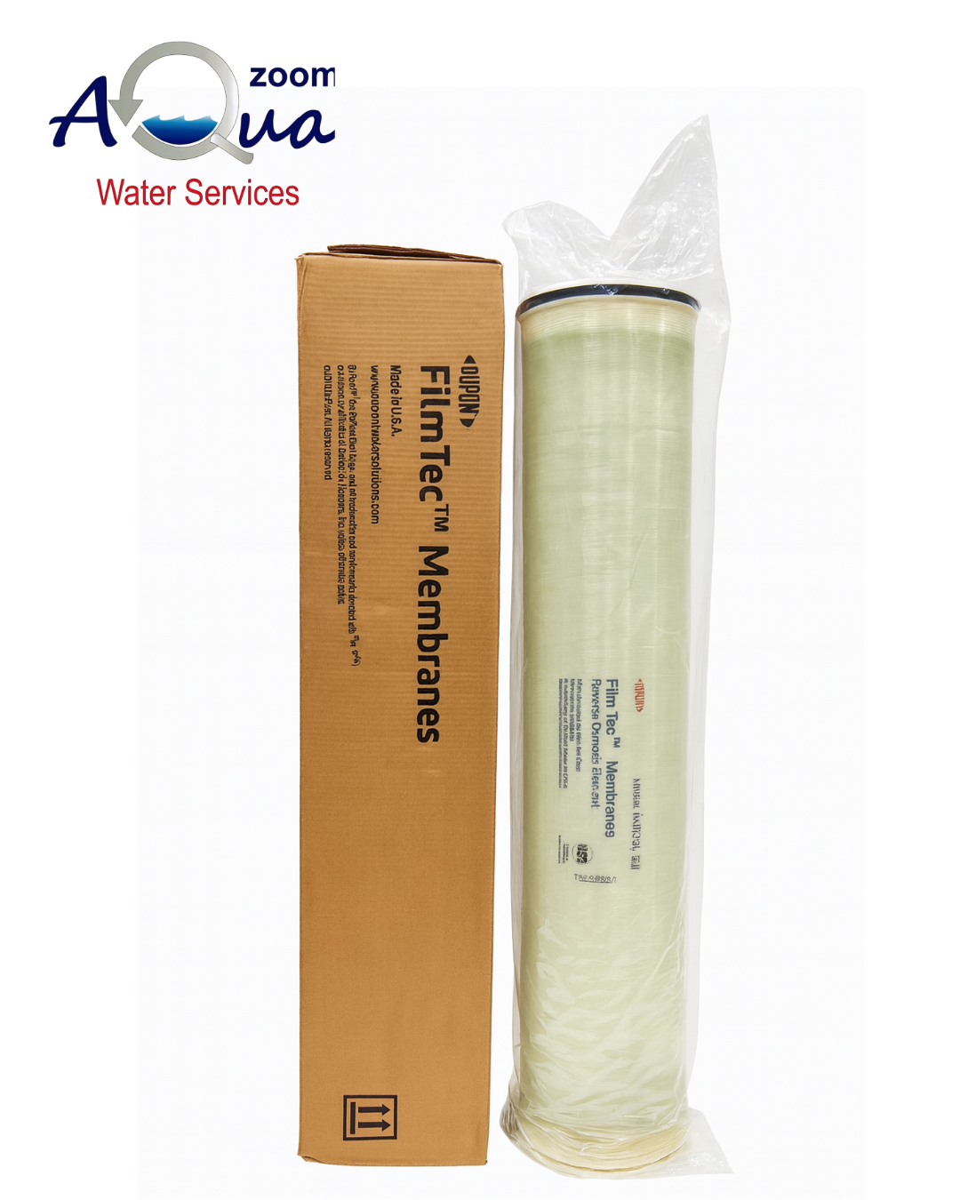 Aqua Zoom FilmTec BW-8040 RO membrane for industrial brackish water filtration, showing the white cylindrical membrane in a water filter accessory.