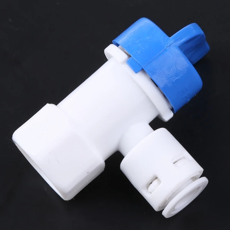 Aqua Zoom 1/4 inch tank angle ball valve, water filter accessory for reverse osmosis systems, mounted on tubing for filtration setup.