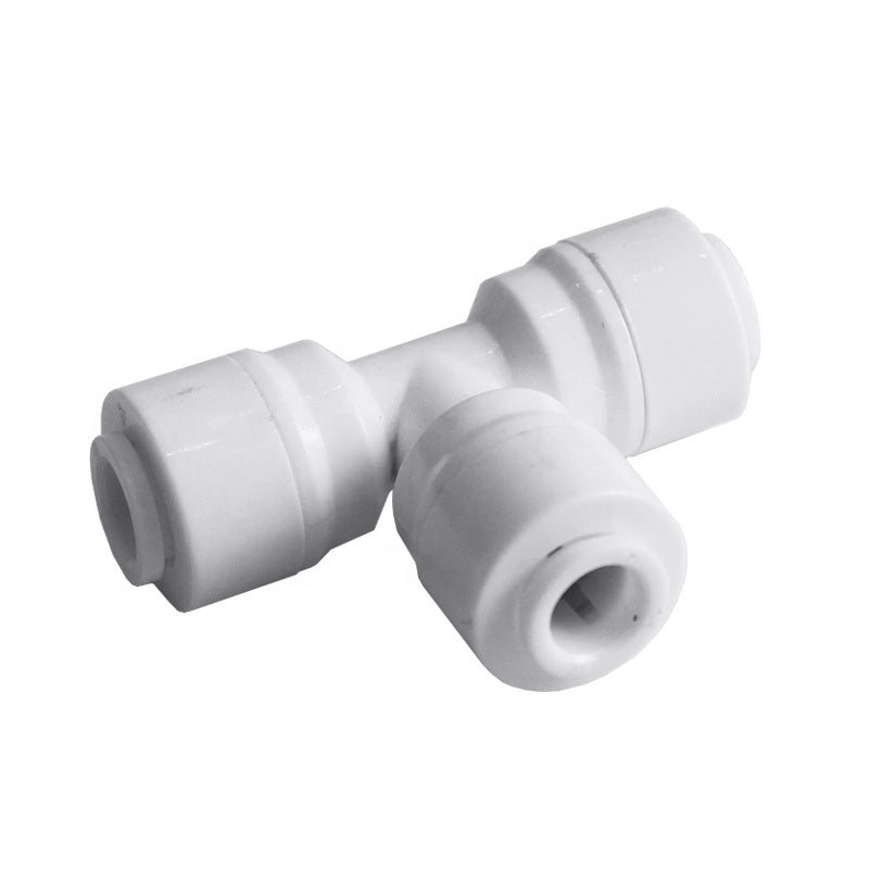 Aqua Zoom 1/4 inch tee union quick connect fitting for reverse osmosis water filter systems, showing the three-way tube push connector