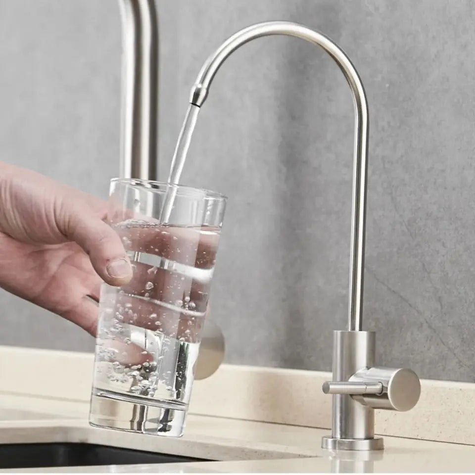 Aqua Zoom lead-free RO water filter faucet for reverse osmosis systems, installed on a kitchen sink for purified drinking water.