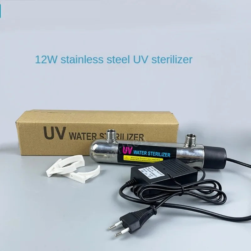 Aqua Zoom 12W stainless steel UV water sterilizer lamp for RO systems, aquariums, and drinking water purification.
