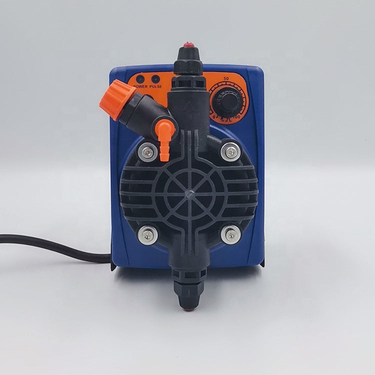 Aqua Zoom Etatron automatic chemical dosing pump for water treatment with motor core, mounted on a liquid detergent tank.