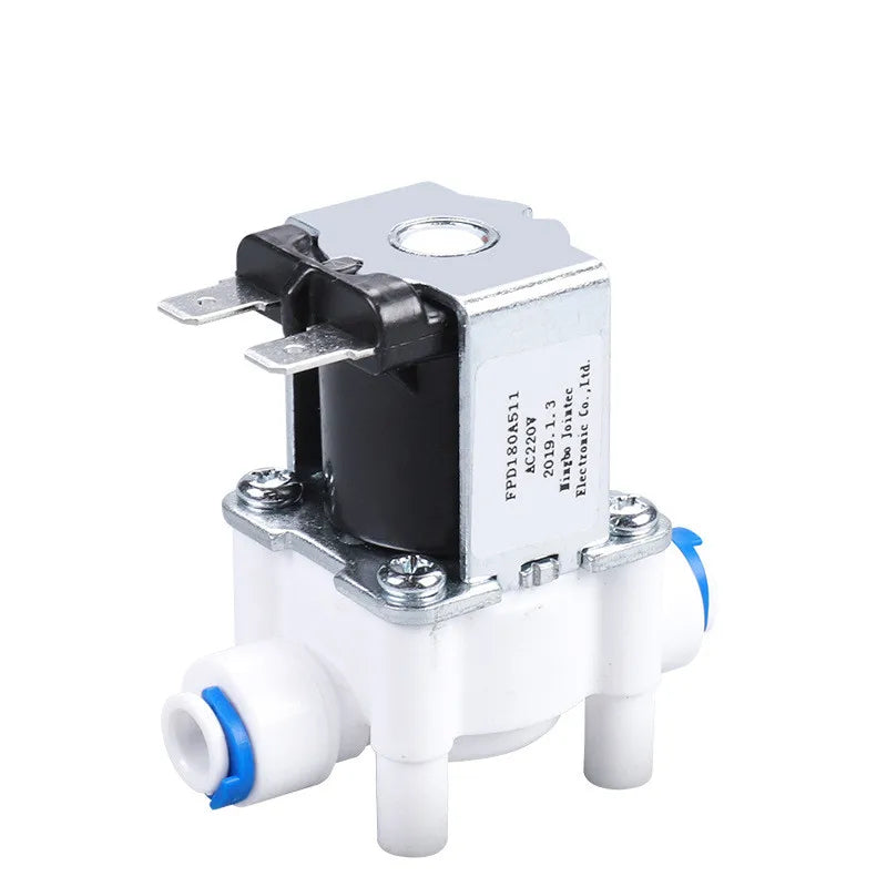 Aqua Zoom 24V electric solenoid valve for water filters, showing a 1/4" inlet valve with electrical connectors and metal body.