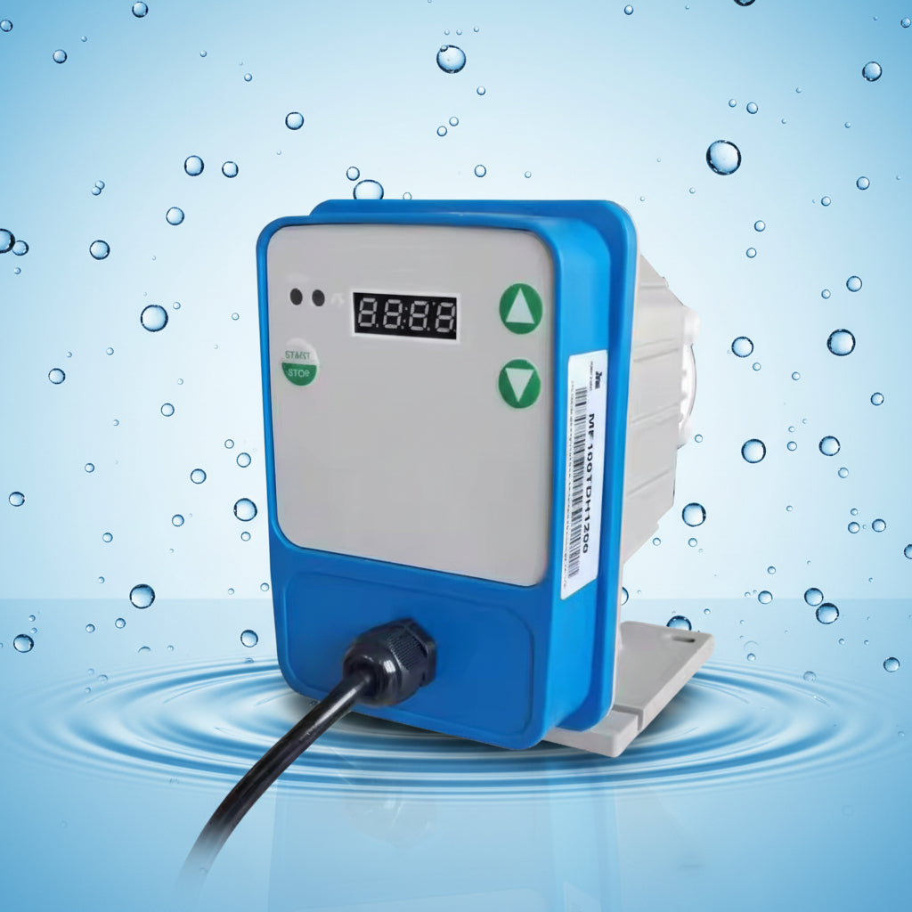 Aqua Zoom automatic digital dosing pump for water filters, with digital display and precise chlorine and chemical liquid dispensing.