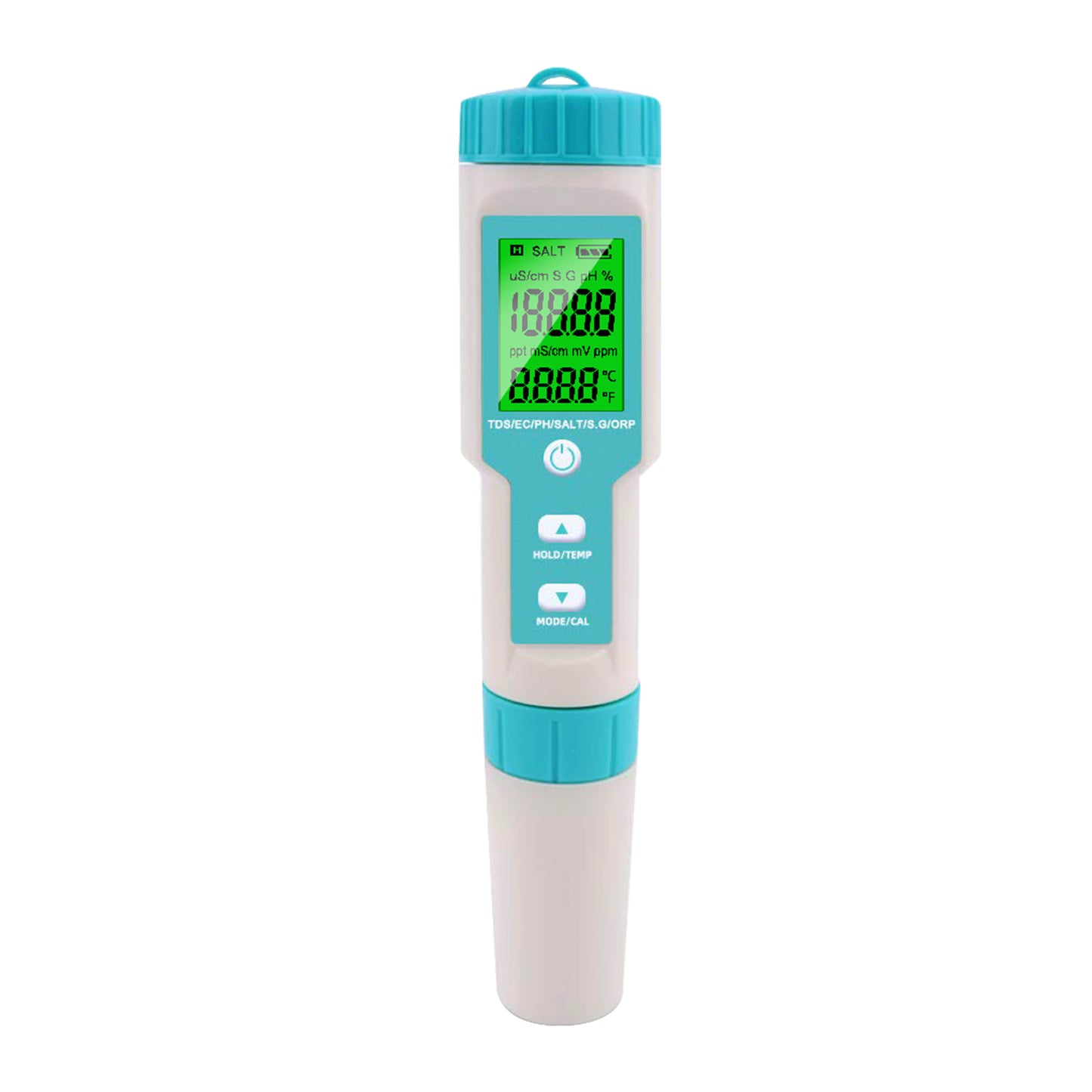 AQUA ZOOM 7-in-1 digital water testing meter displaying pH, TDS, EC, and salinity levels on an HD screen.