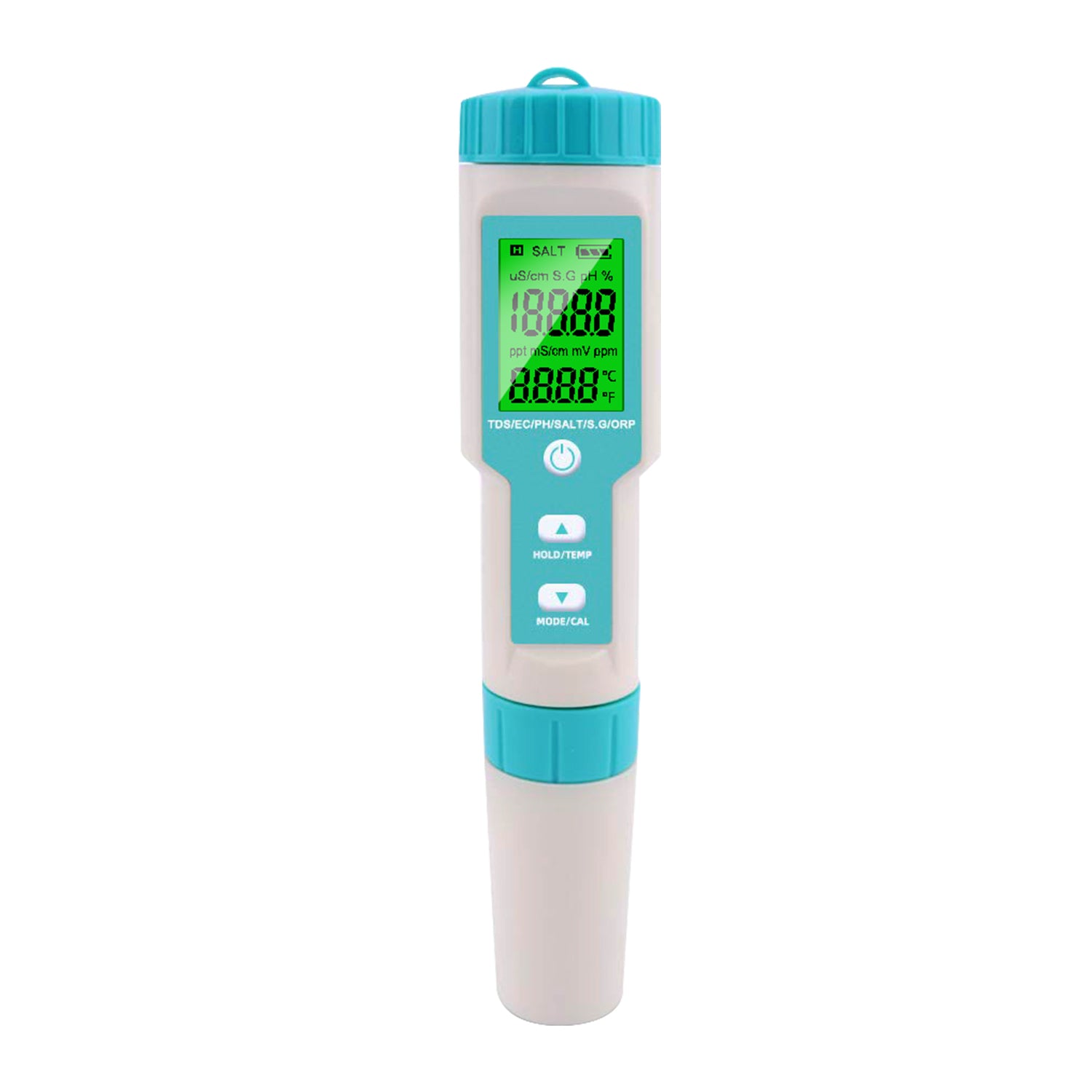 AQUA ZOOM 7-in-1 digital water testing meter displaying pH, TDS, EC, and salinity levels on an HD screen.