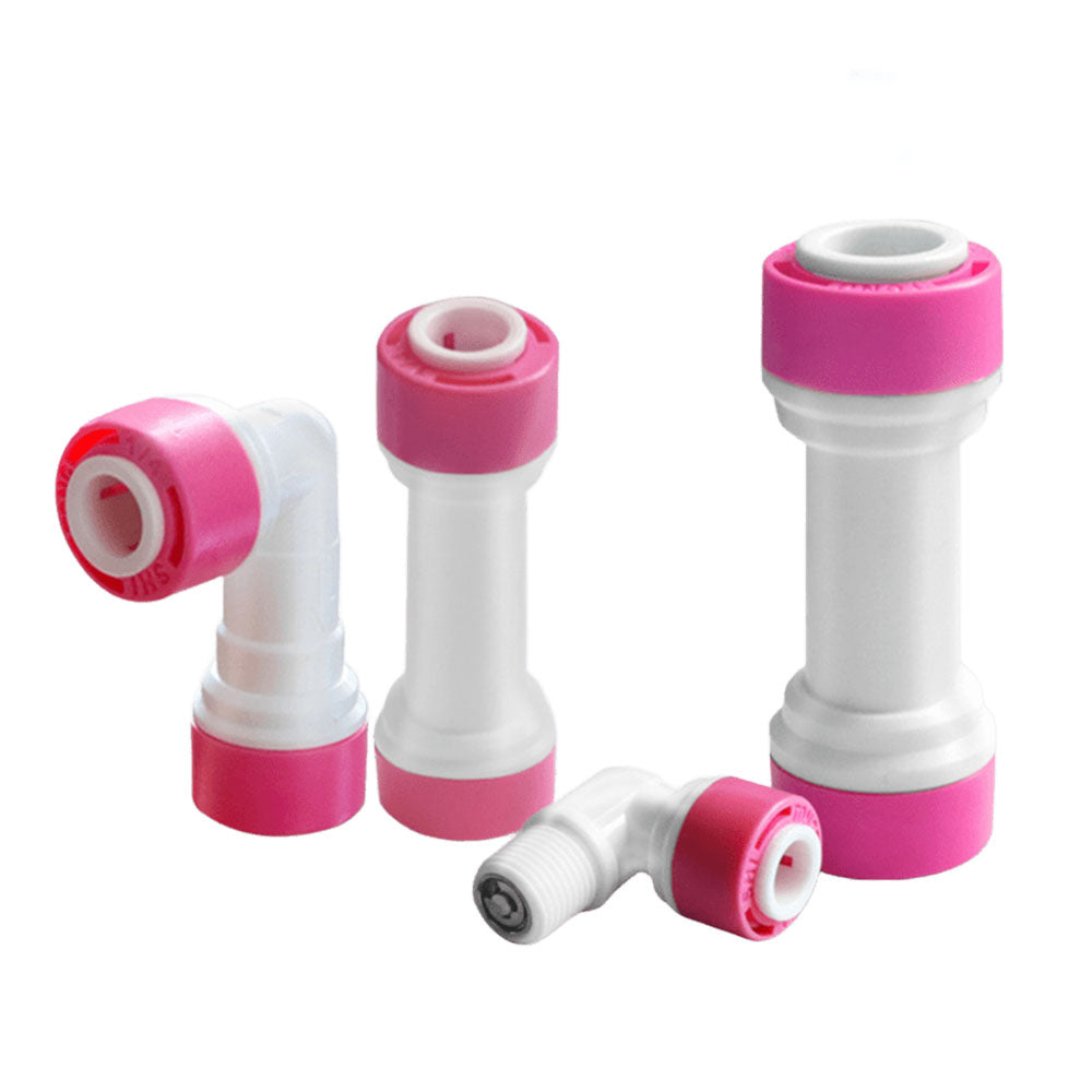 Aqua Zoom NRV water filter elbow fitting with 6mm RO check valve and quick coupling for reverse osmosis systems, food-grade POM plastic.