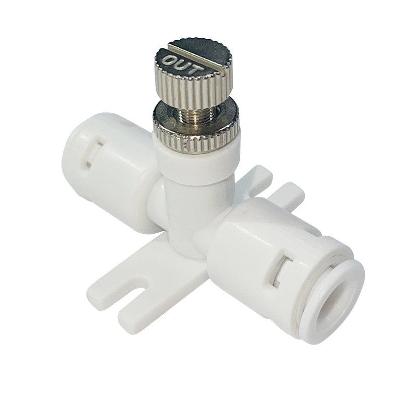 Aqua Zoom 1/4" RO water flow control valve with connector fitting, electric plastic adjustable speed regulator for reverse osmosis systems.