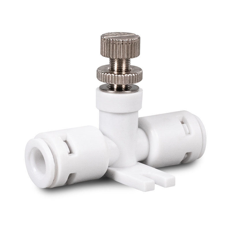 AQUA ZOOM 1/4-inch manual needle valve for water flow control, food-grade plastic, with quick connect fittings for RO systems.