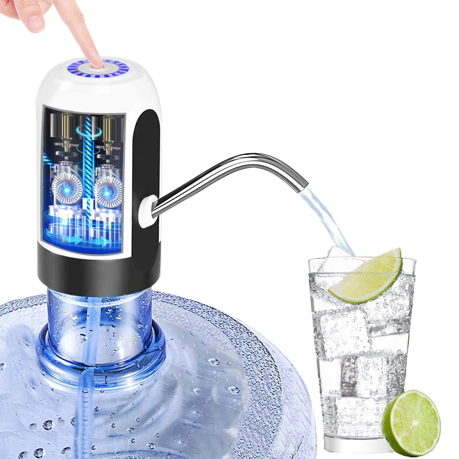 Aqua Zoom automatic rechargeable electric water dispenser pump attached to a water bottle with one-touch operation.