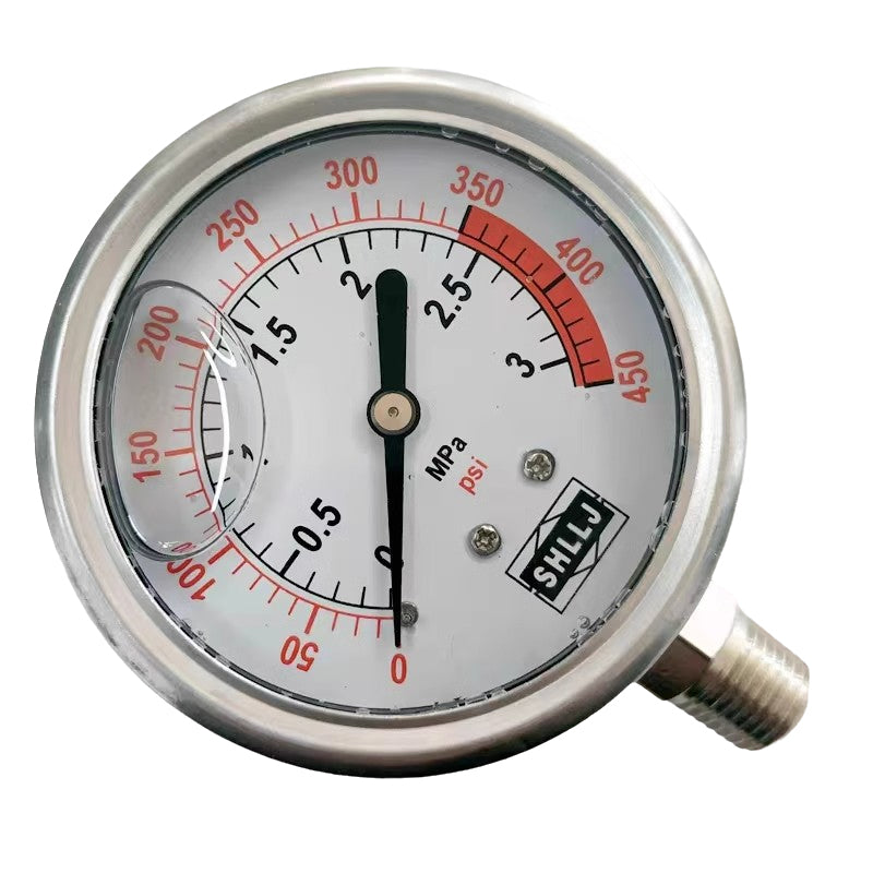 Aqua Zoom stainless steel water treatment pressure gauge for oil injection systems, corrosion-resistant and shock-proof core pressure vessel.