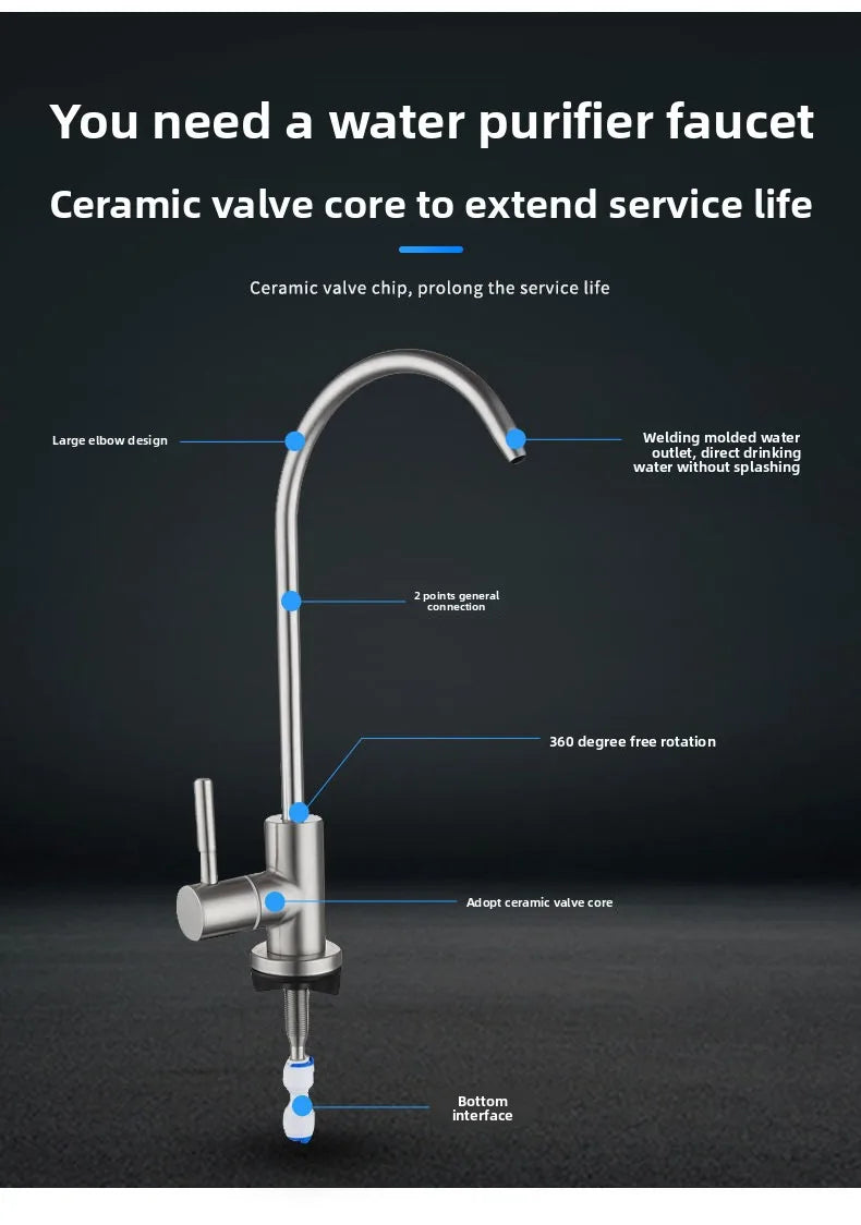 Aqua Zoom lead-free RO water filter faucet for reverse osmosis systems, featuring a sleek chrome finish and easy-to-use drinking spout.
