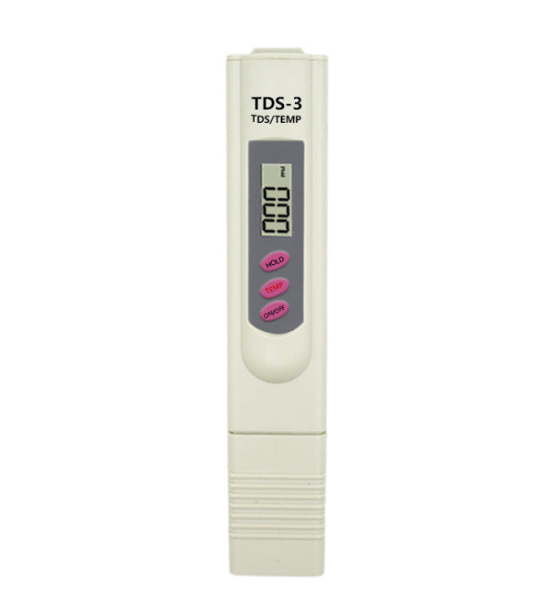 Aqua Zoom digital TDS water testing meter with temperature sensor displaying PPM reading and digital screen.