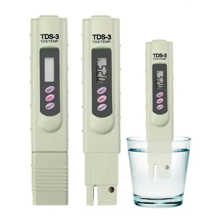 Aqua Zoom digital TDS water testing meter with display and temperature sensor, measuring water quality from 0 to 9990 PPM.