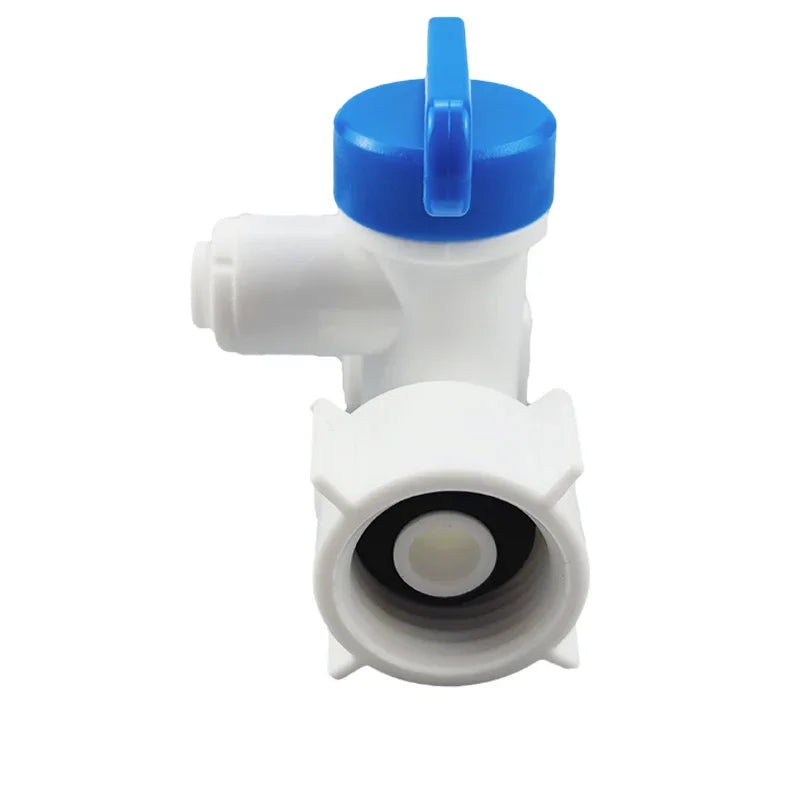 Aqua Zoom 1/2" Thread RO Feed Ball Valve Adapter with 1/4" and 3/8" tube connectors for reverse osmosis water filter systems.