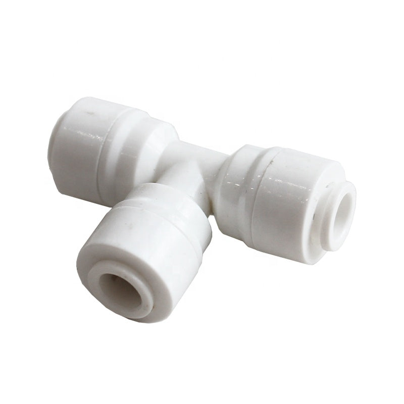 Aqua Zoom 1/4 inch tee union quick connect fitting for reverse osmosis water filter systems, showing the three-way tube connection
