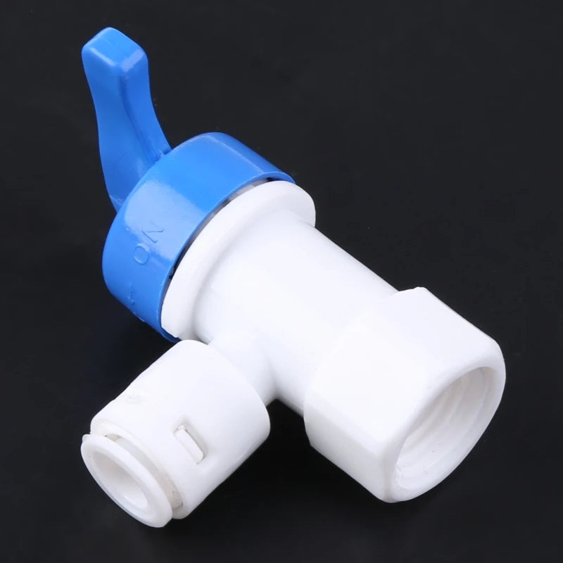 Aqua Zoom 1/4 inch tank angle ball valve for reverse osmosis water filter system, with tube connection and brass body.