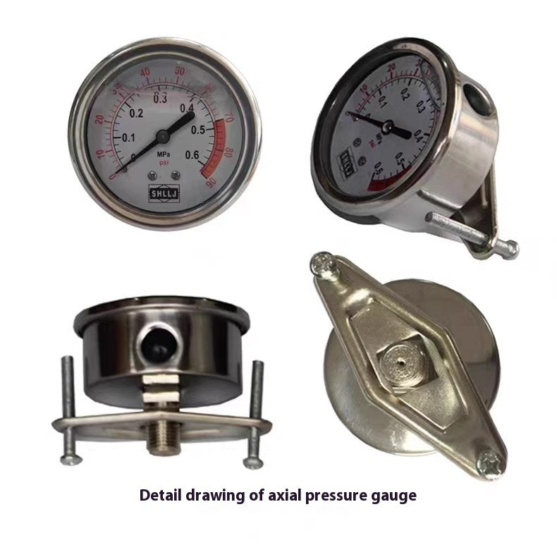 Aqua Zoom stainless steel water treatment pressure gauge with corrosion-resistant core for oil injection and shock resistance.
