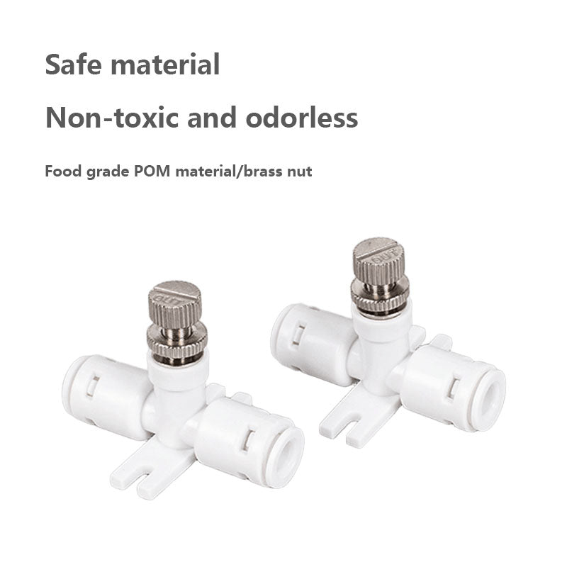 AQUA ZOOM 1/4 inch manual needle valve for water flow control, food-grade plastic quick connect fitting, used in RO systems.