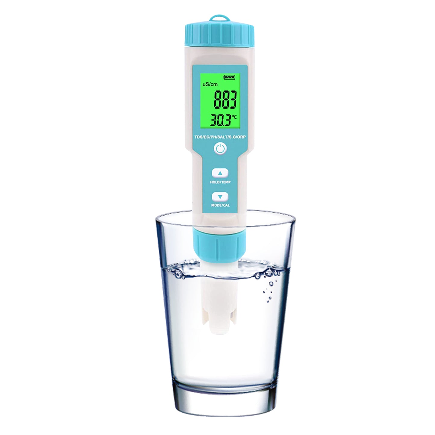 Aqua Zoom 7-in-1 digital water quality tester meter displaying pH, TDS, EC, salinity levels on HD screen.