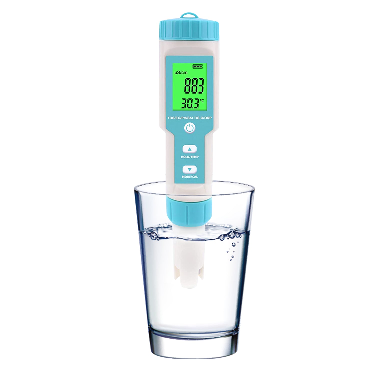 Aqua Zoom 7-in-1 digital water quality tester meter displaying pH, TDS, EC, salinity levels on HD screen.