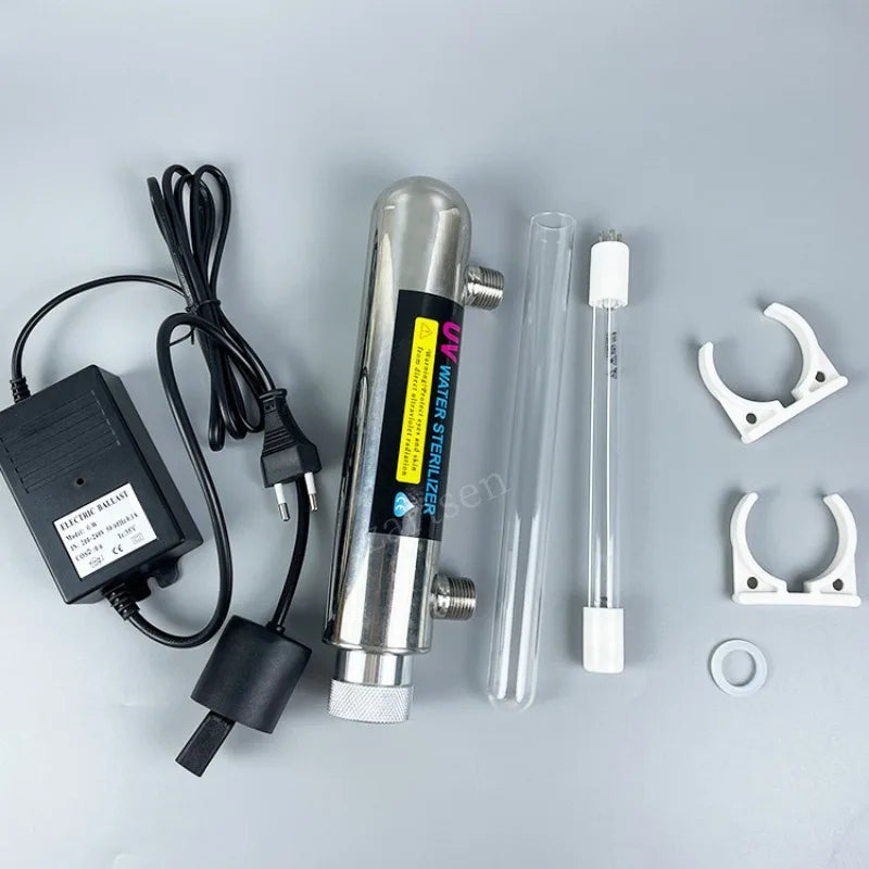 Aqua Zoom 12W stainless steel UV water sterilizer lamp for RO systems, aquariums, and drinking water purification.