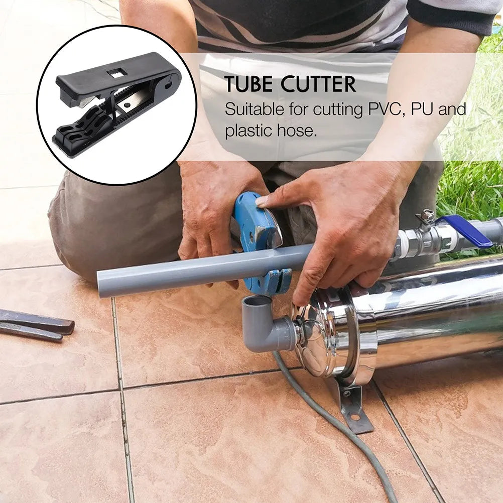 Aqua Zoom heavy duty tube cutter for PE, PVC, and PEX pipes, ideal for plumbing installation and repair, shown in use.