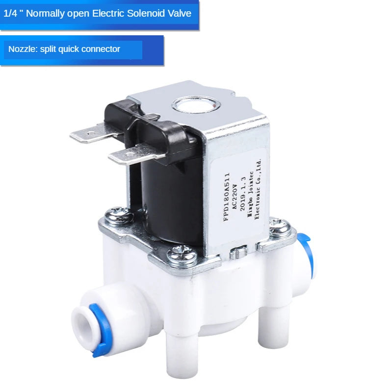 Aqua Zoom DC 24V electric solenoid valve for water filters, showing the 1/4 inch inlet and outlet for RO systems and water purification.