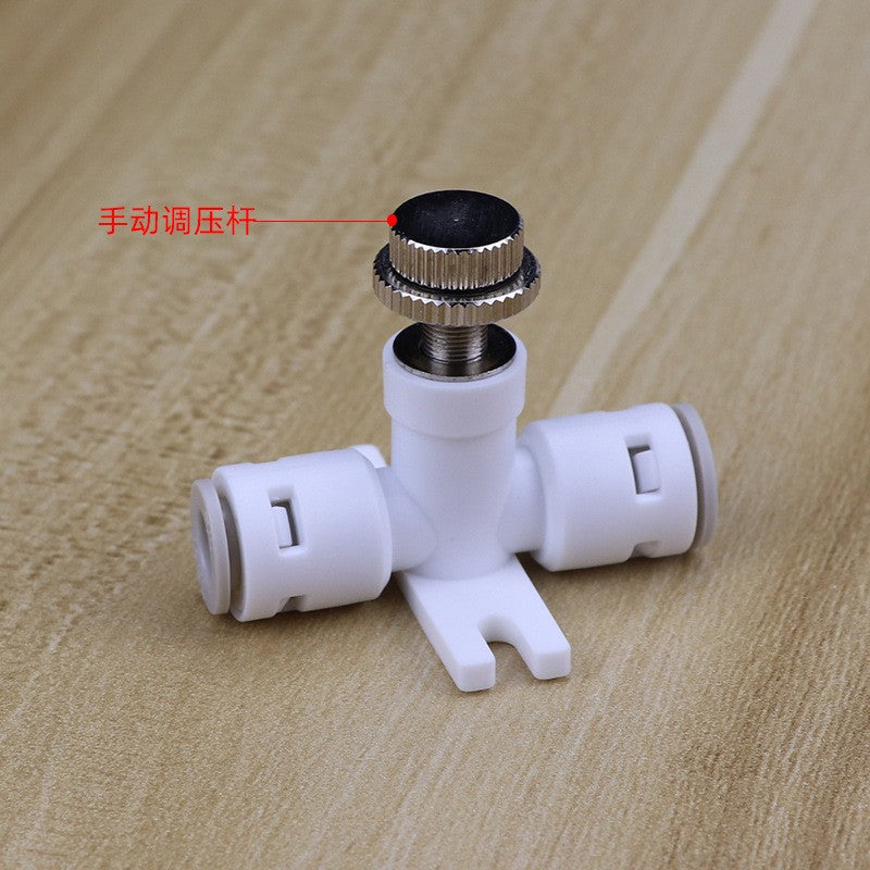 Aqua Zoom 1/4" RO water flow control valve with connector fitting, electric plastic adjustable speed regulator for reverse osmosis systems.