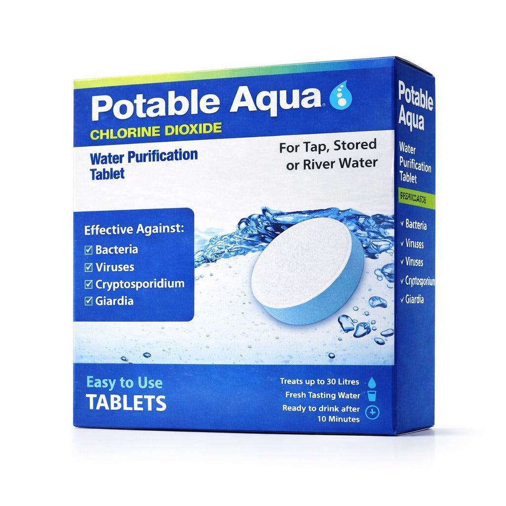 Aqua Zoom Potable Aqua Chlorine Dioxide water purification tablets for emergency drinking water treatment during camping and outdoor adventures.