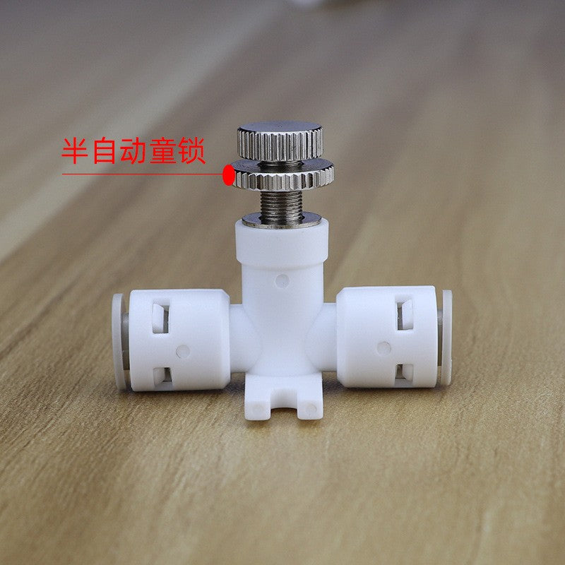 Aqua Zoom 1/4" RO water flow control valve with connector fitting, adjustable plastic regulator for reverse osmosis systems.