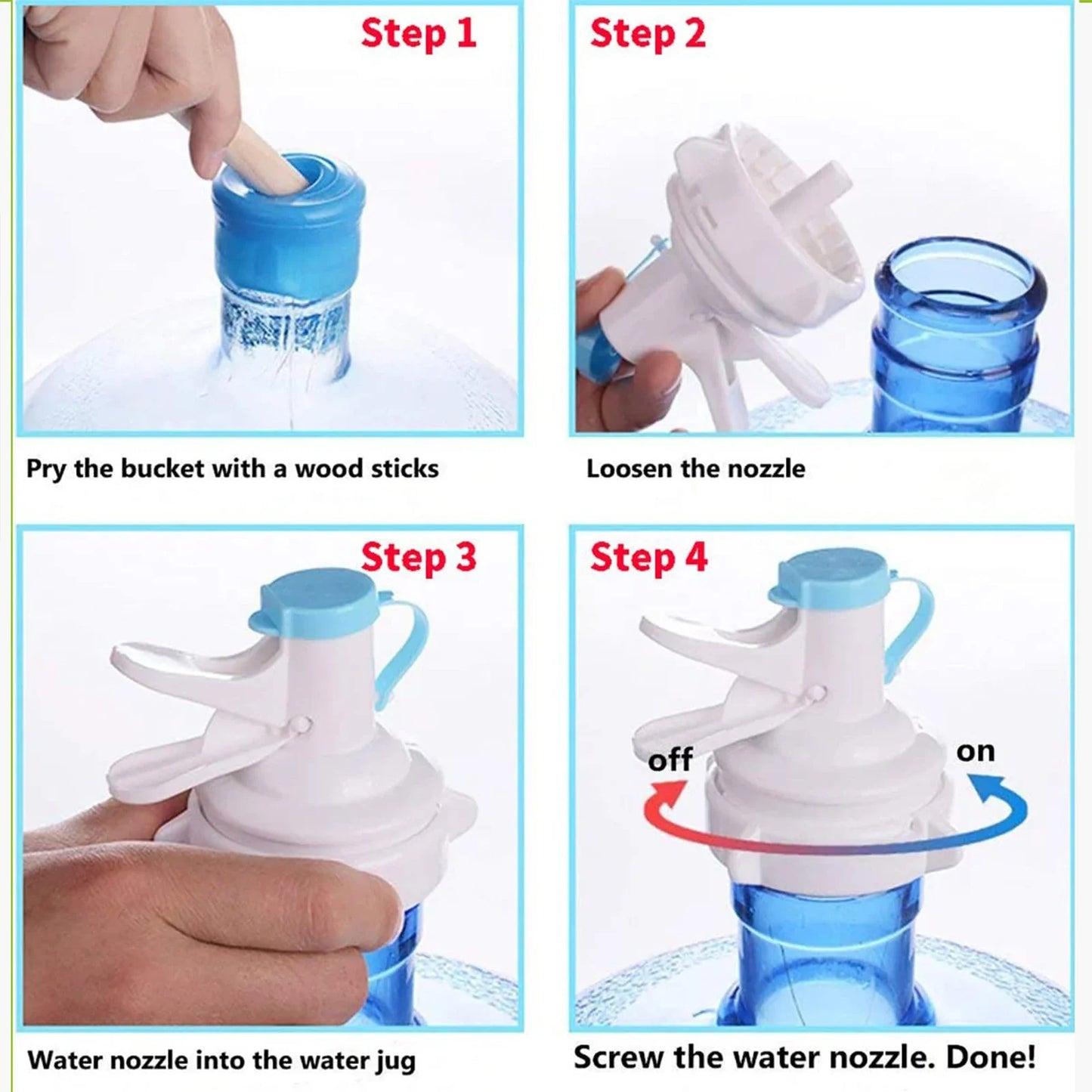 Aqua Zoom reusable water dispenser spigot tap attached to a gallon water bottle, showing leakproof drinking water tap for home, office, or school.