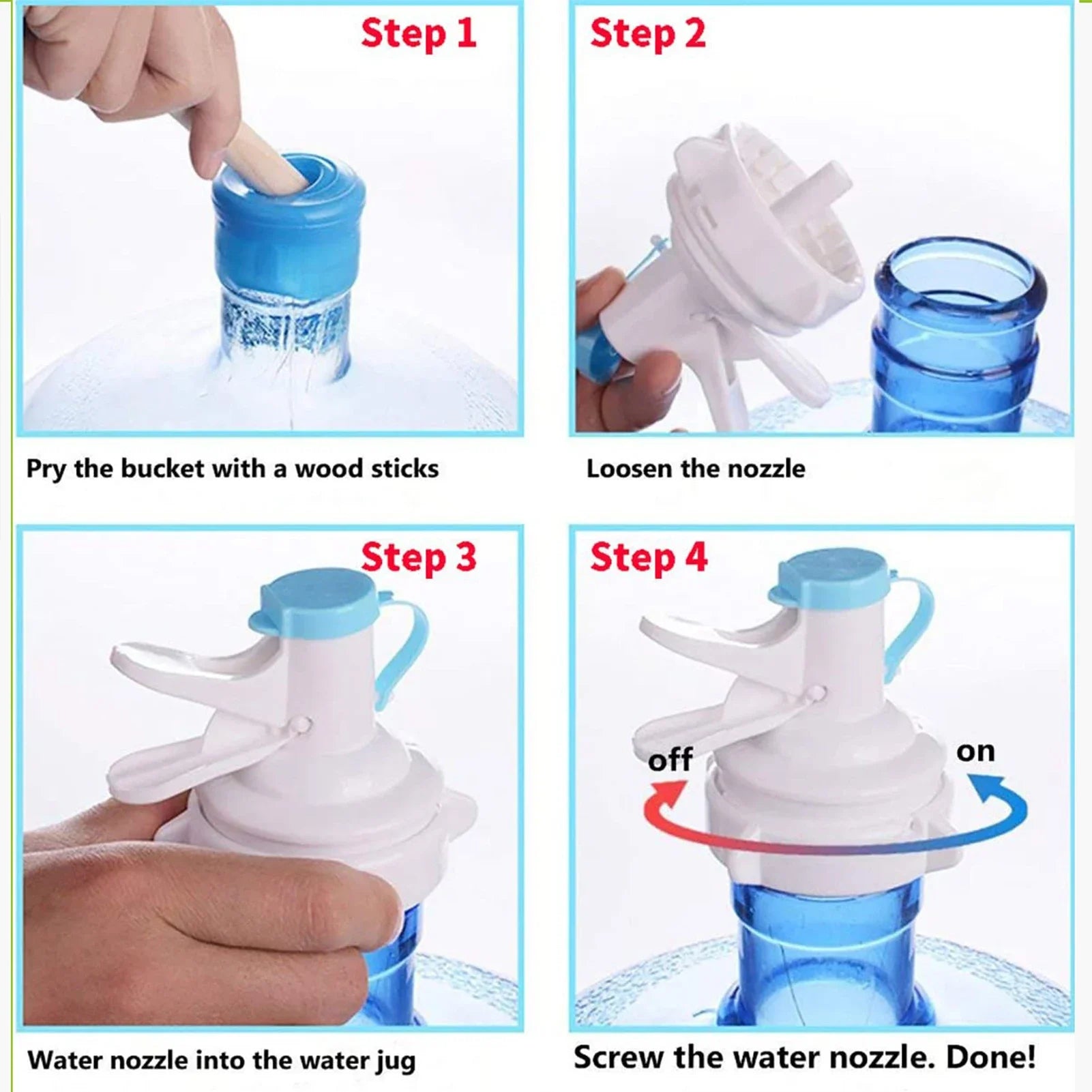 Aqua Zoom reusable water dispenser spigot tap attached to a gallon water bottle, showing leakproof drinking water tap for home, office, or school.
