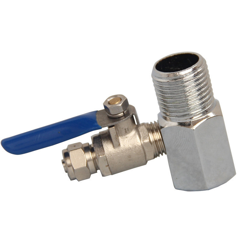 Aqua Zoom 1/2 inch three-way metal hand ball valve for water filter accessories, showing the valve with inlet and outlet ports.