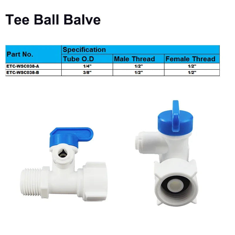 Aqua Zoom 1/2" Thread RO Feed Ball Valve Adapter for reverse osmosis water filter system, with 1/4" and 3/8" tube connectors.