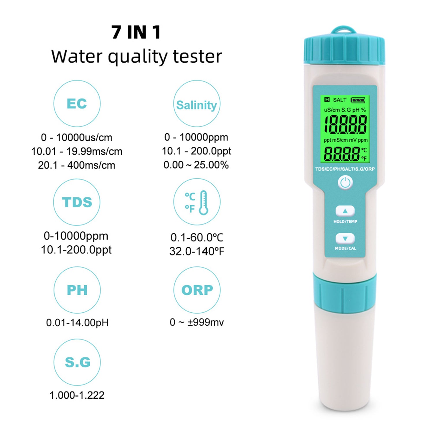 Aqua Zoom 7-in-1 digital water quality tester with HD display showing pH, TDS, EC, salinity, and other water parameters.