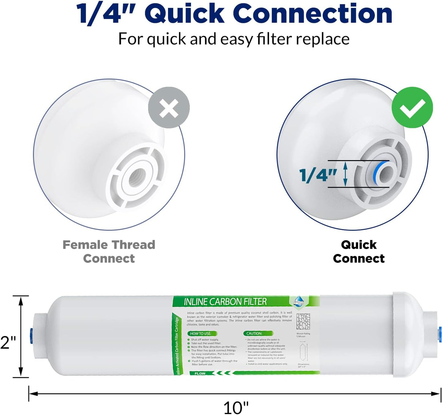 Aqua Zoom T33 Post Carbon Filter Cartridge, in-line water filter for RO systems and mini refrigerator ice makers, with quick-connect fitting.