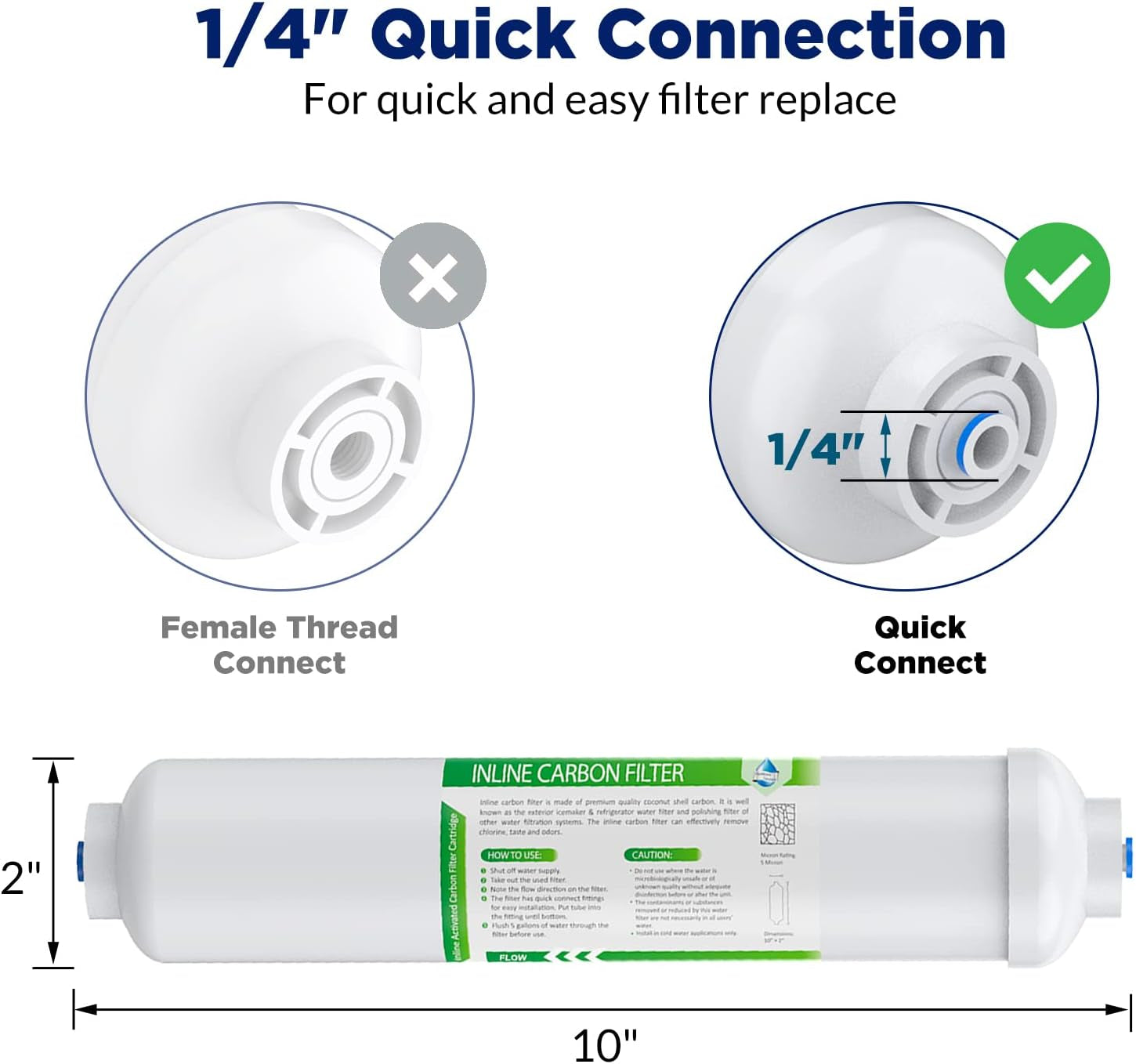 Aqua Zoom T33 Post Carbon Filter Cartridge, in-line water filter for RO systems and mini refrigerator ice makers, with quick-connect fitting.