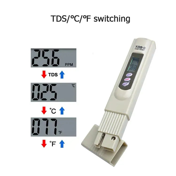 Aqua Zoom digital TDS water testing meter with display and temperature sensor for measuring water quality in PPM.